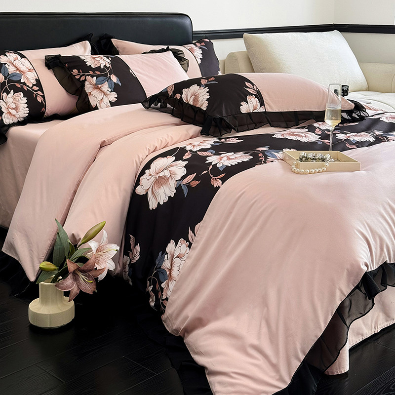 轻法式复古印花全棉纯棉床上四件套韩式公主风长绒棉被套床单床笠