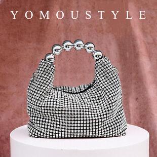 YOMOU闪亮不灵手工镶钻波士顿水钻枕头晚宴珍珠手拿斜挎腋下包包