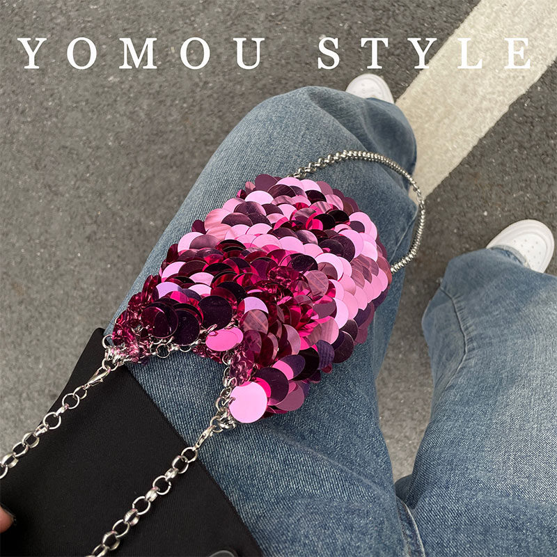 YOMOU闪亮不灵手工编织亮片小方包宴会珠片手机包腋下斜挎包