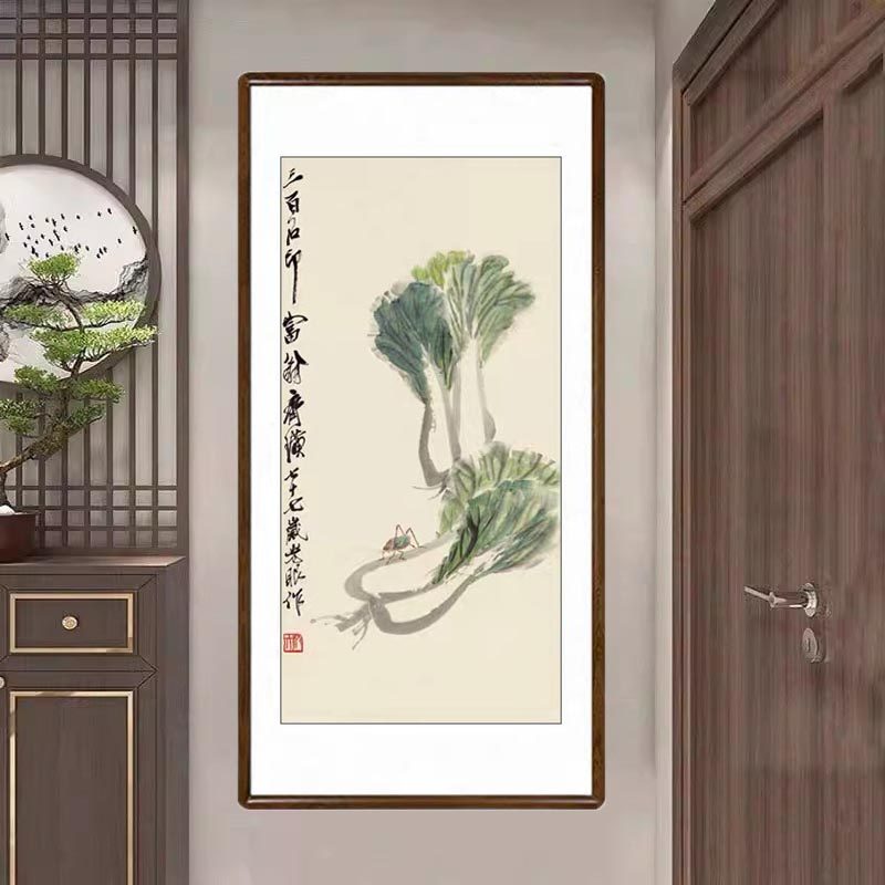 国画客厅玄关竖版装饰字画办公室百财聚来壁画齐白石白菜蝈蝈挂画