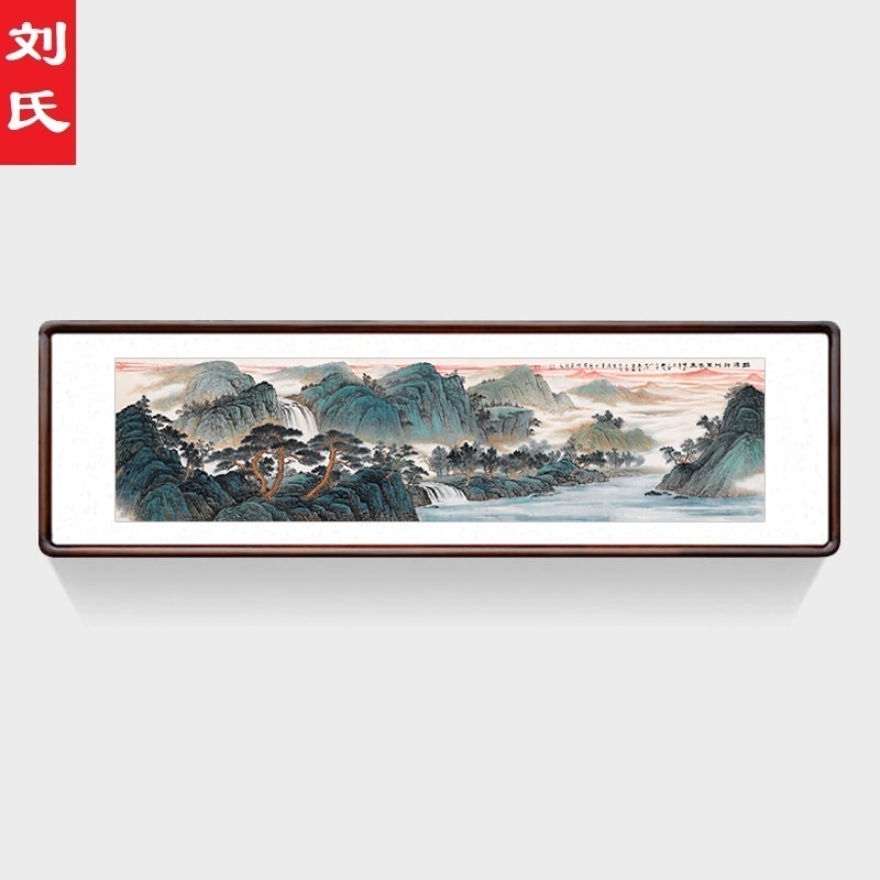 景秀神州国画青绿山水客厅沙发背景墙装饰画酒店办公室风水靠山图