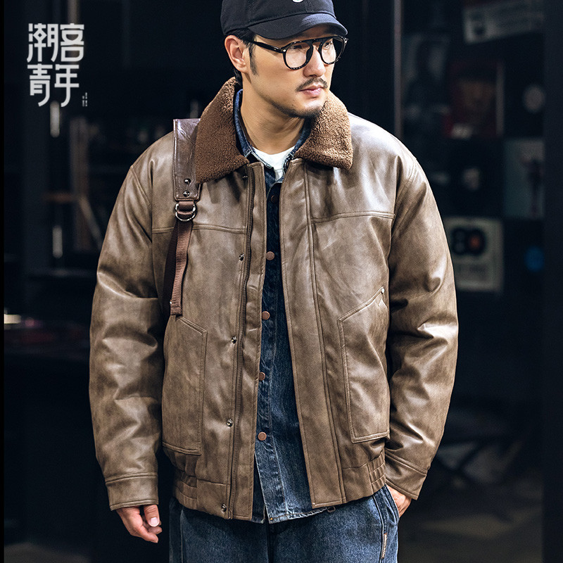 秋冬90鸭绒皮衣羽绒服男士宽松大码美式复古夹克冬季工装保暖外套