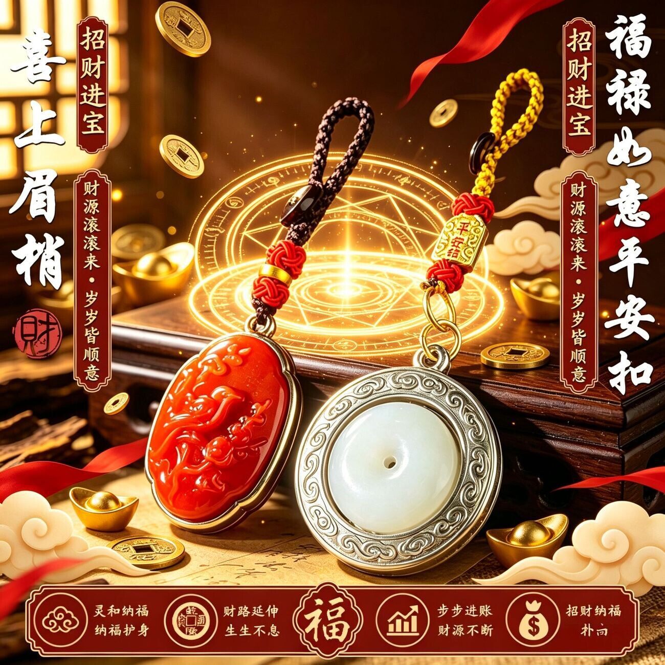 马年新款福禄如意平安扣喜上眉梢随身钥匙扣汽车挂饰一件代发批发图片