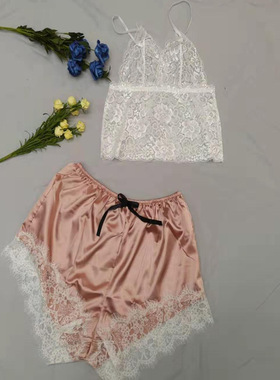 Ladies  two-piece pajamas with suspen性感吊带超薄睡衣两件套