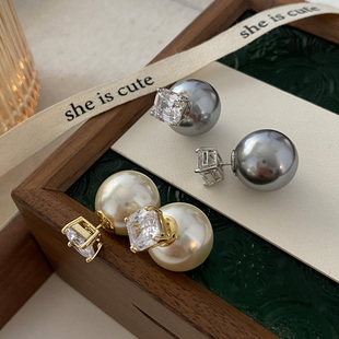 两戴气质双面耳环 高级感珍珠耳饰欧美一款 方钻耳钉2024年新款 爆款