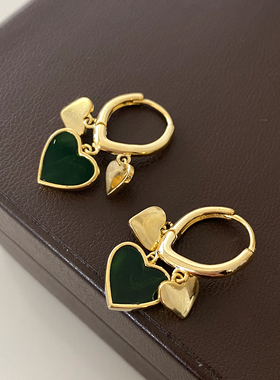 心形耳扣2025新款爆款高级感耳环墨绿色爱心耳坠法式轻奢复古耳饰