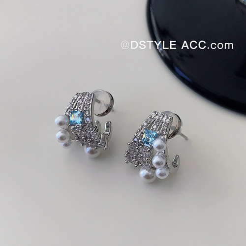 DSTYLE设计感C型蓝锆石珍珠耳钉