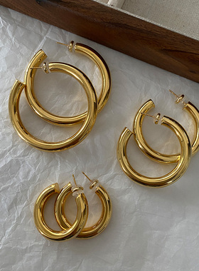 光面金属圆圈耳环2026新款爆款欧美风耳饰简约素圈耳钉高级感耳圈