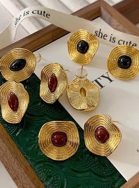 安可拉红珐琅耳环轻奢高级感中古耳钉宽面肌理圆盘宫廷风复古耳饰