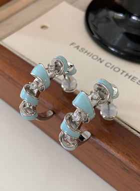 欧若风蓝色螺旋耳环2025新款高级感镶钻耳钉女轻奢小清新设计耳饰
