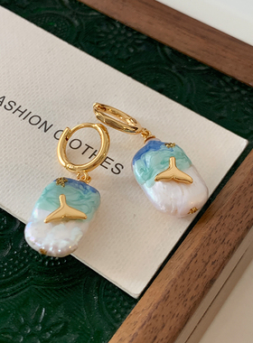 彩绘蓝色大海耳环2025新款爆款高级感耳扣巴洛克方形天然珍珠耳饰