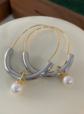 双色金属耳圈2026新款爆款珍珠耳坠女轻奢高级感耳饰欧美法式耳环