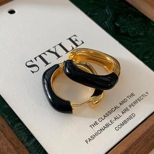 CE黑色方形珐琅耳扣2024新款 极简金属耳环轻奢高级感滴釉耳圈 爆款