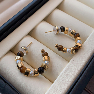 虎眼石圆圈耳环2025新款 高级感耳钉波西米亚轻奢复古珍珠耳饰 爆款