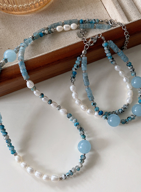 海蓝宝天然珍珠项链串珠蓝矿石锁骨链2024新款爆款新中式蓝色颈链