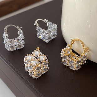 气质爆闪耳饰 高级感耳环轻奢法式 正方体方块锆石耳扣2025新款 爆款