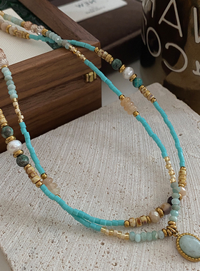 蓝色天河石项链2024新款爆款法式串珠锁骨链波西米亚天然石颈链女