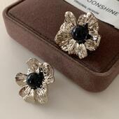 肌理感金属花朵耳钉轻奢黑色玛瑙耳环2026新款 爆款 高级感复古耳饰