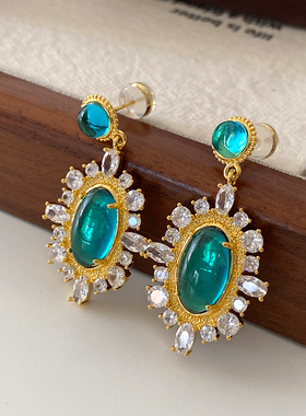 湖绿色椭圆琉璃锆耳环2025新款高级感中古耳钉爆闪新中式复古耳饰