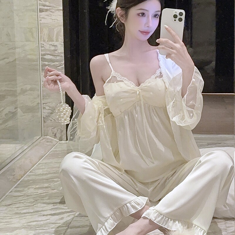 春夏季带胸垫性感吊带睡裙三件套冰丝睡衣薄款长袖长裤家居服少女