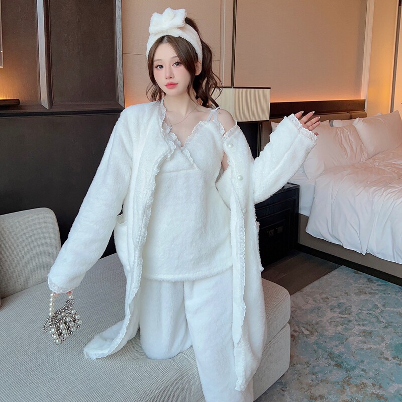 送头带秋冬保暖睡衣女性感吊带胸垫长裤外套珊瑚绒加厚家居服套装