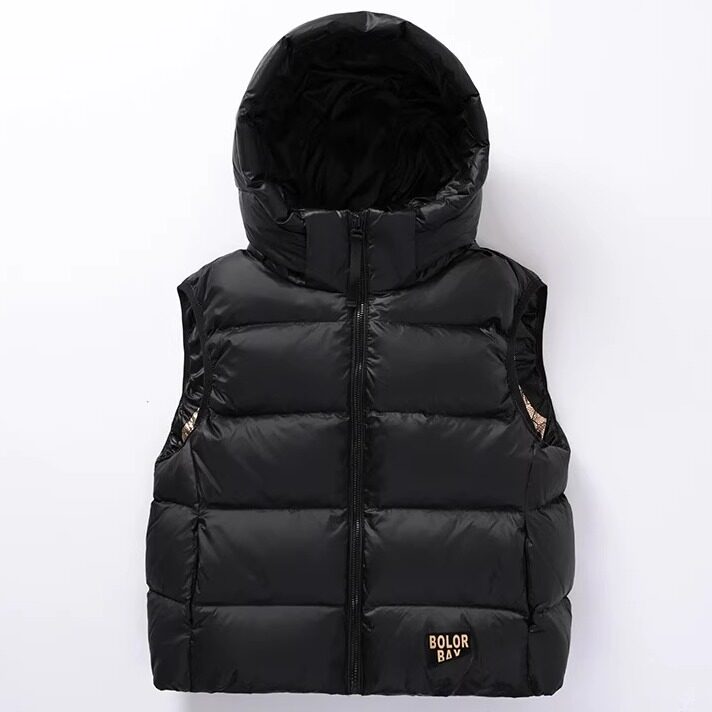 优款羽绒马甲儿童短款加厚连帽拉链外穿背心洋气黑色男童女童马甲