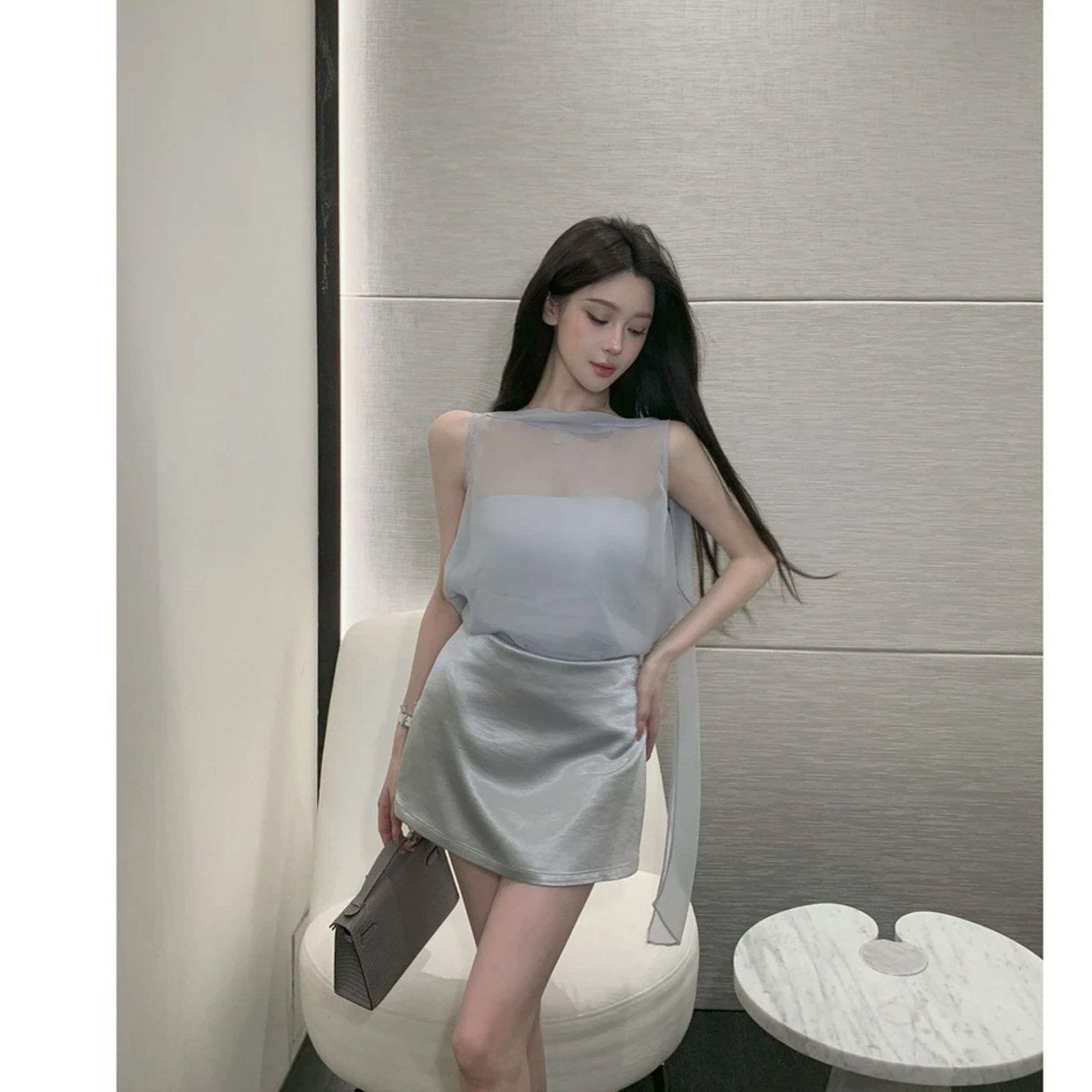 抹胸飘带无袖上衣短裙三件套装女图片