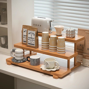 木制胡桃桌面收纳置物架实木香水咖啡杯架杯子水杯阶梯木质展示架