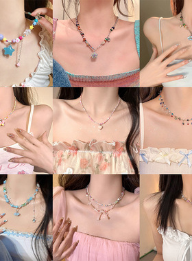 多巴胺女孩夏日项链彩色糖果设计感锁骨链小清新气质百搭珍珠颈链