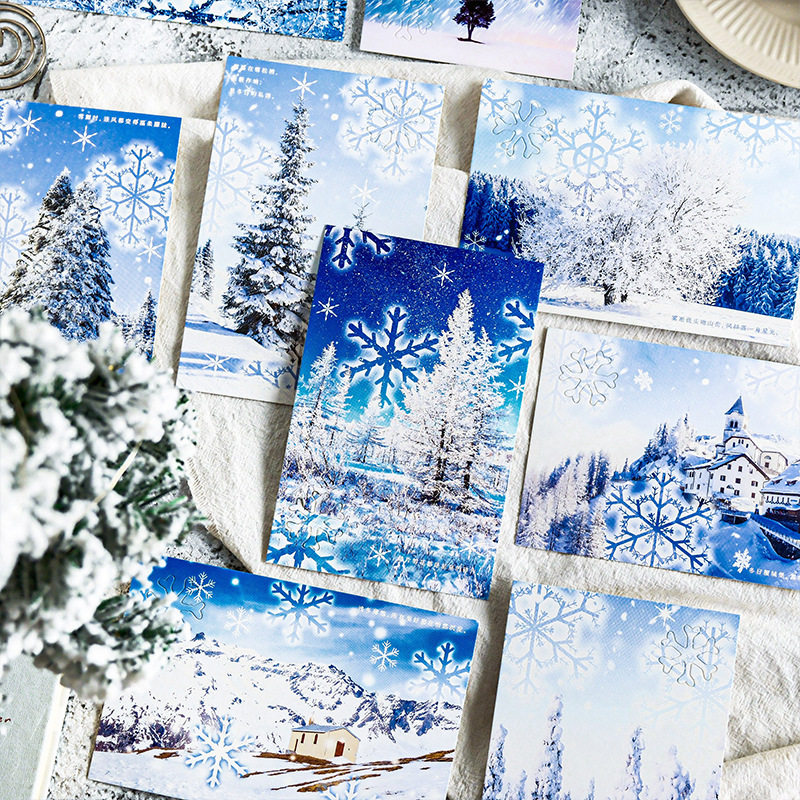 雪景摄影风景明信片星辉雪影冬天雪花纪念卡片留言贺卡镂空装饰卡