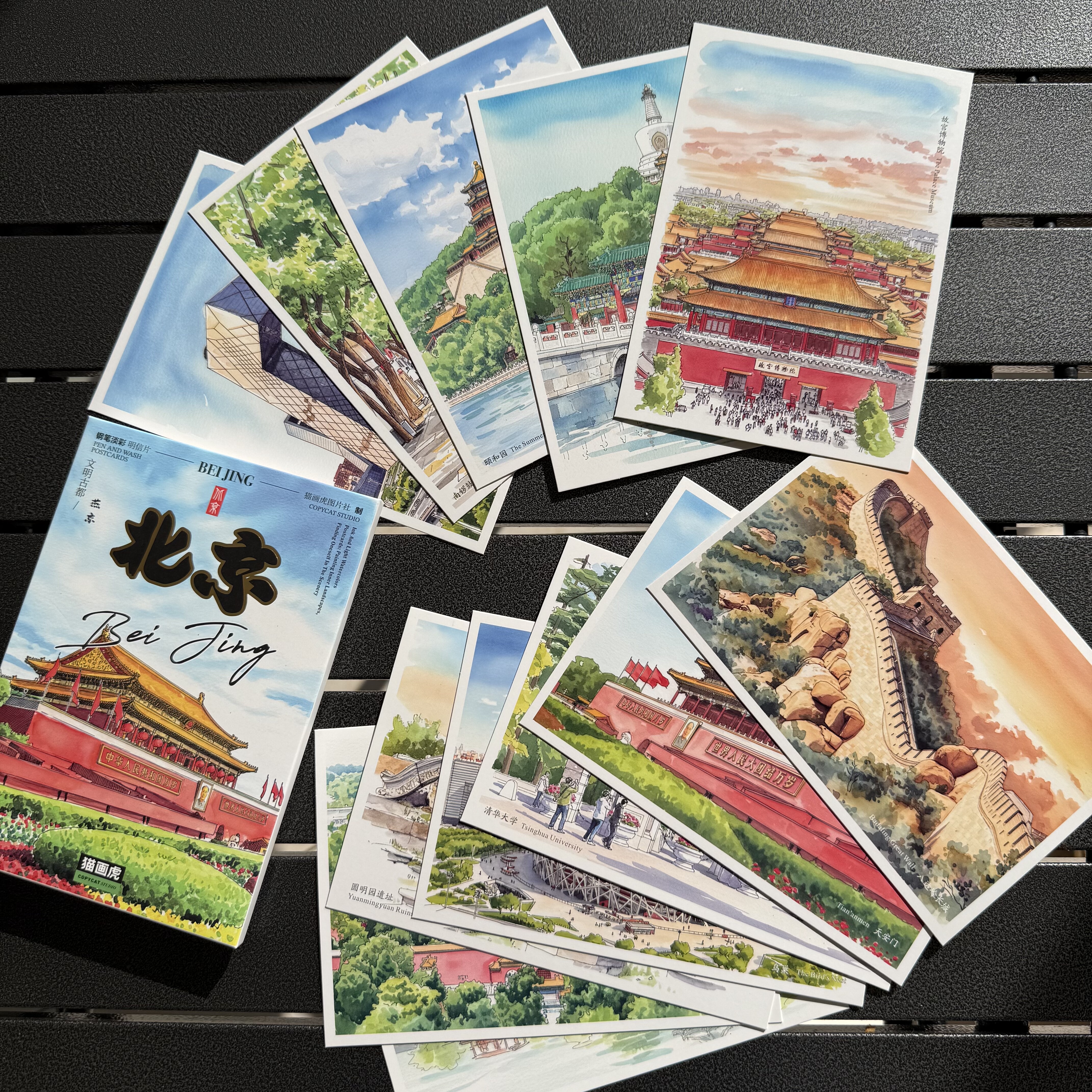 北京故宫万里长城中国风山水画地标古建筑创意钢笔手绘旅游纪念卡