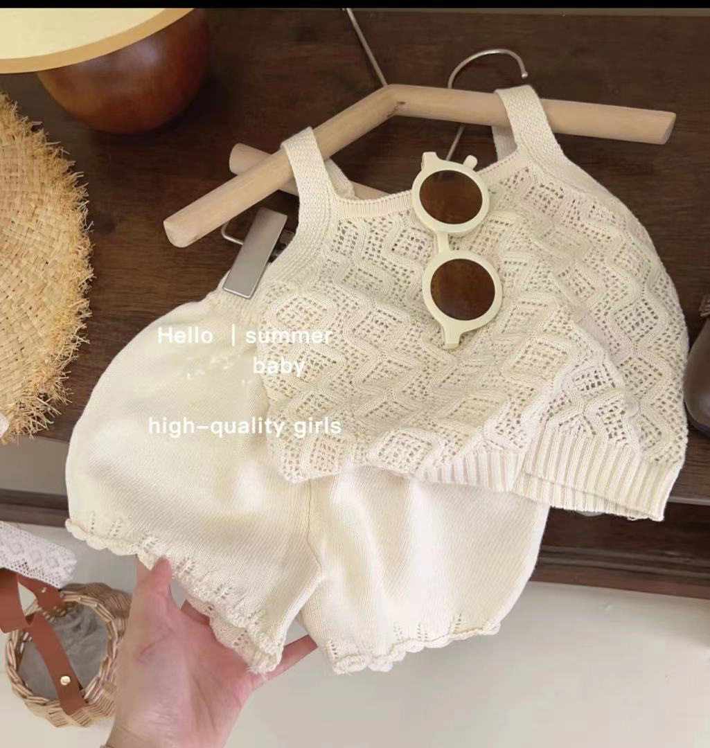 소녀 여름 중공 캐미솔 반바지 니트 양복 어린 소녀 얇은 통기성 투피스 여름 유행 세트