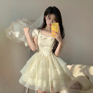 蝴蝶结提花欧根纱仙女感连衣裙女夏季新款在逃公主蓬蓬短裙子