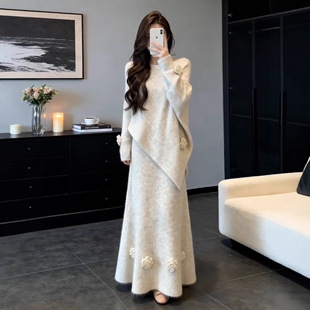 韩系气质高级感温柔风连衣裙子女秋冬季2026新款毛衣针织套装长裙