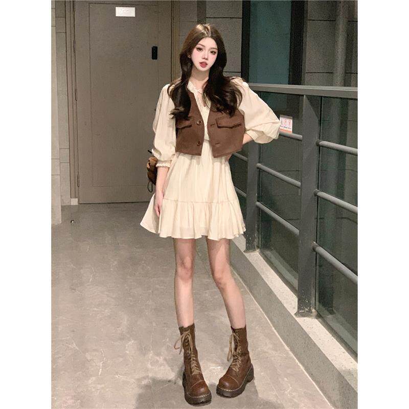 甜酷风温柔法式气质高级感v领木耳边连衣裙马甲小个子两件套女装