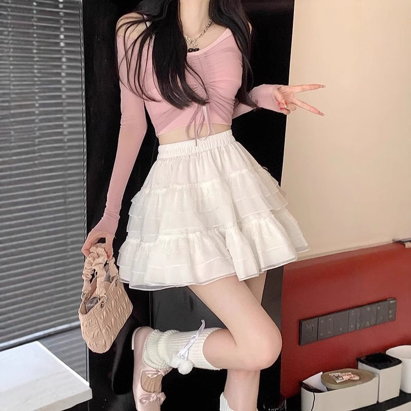 白色蕾丝半身裙女2025新款春夏季高腰短款小个子a字蓬蓬蛋糕裙