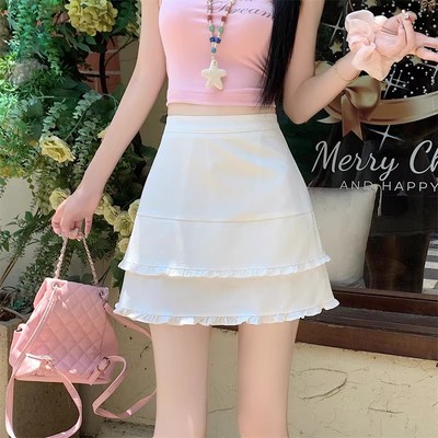 白色双层木耳边拼接蛋糕半身裙女夏2025新款显瘦高腰a字包臀短裙