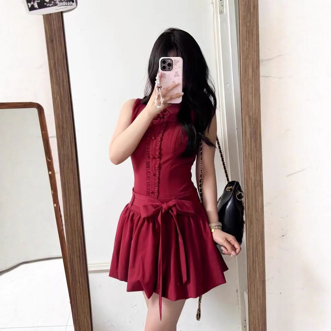 法式小个子甜美气质高级感车厘子红兔耳衬衫领系带花苞连衣裙