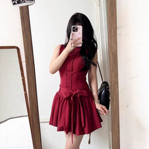 法式小个子甜美气质高级感车厘子红兔耳衬衫领系带花苞连衣裙