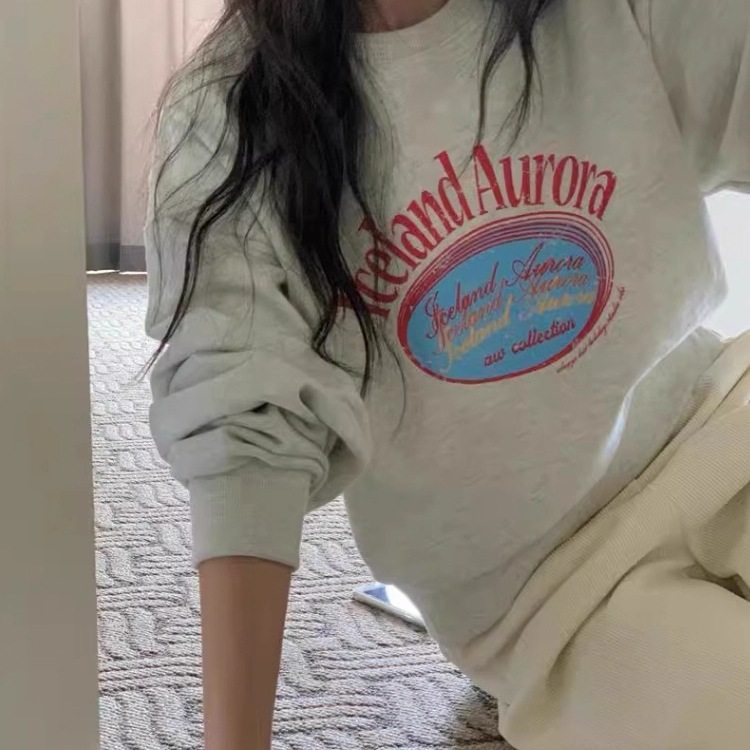 跨境批发秋冬季新款圆领字母印花卫衣女薄款慵懒风宽松长袖上衣