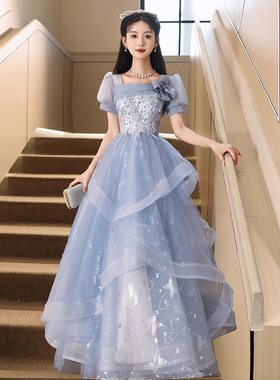 蓝色小晚礼服2025新款宴会法式轻奢小众主持人蓬蓬裙学生毕业