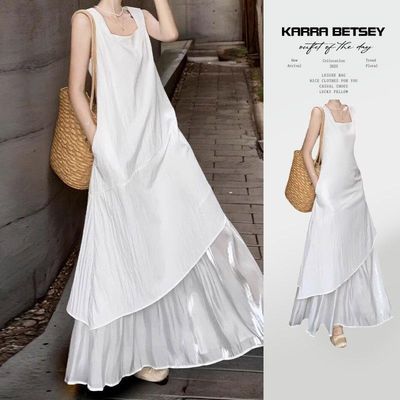 白色背心裙女夏季2025新款法式宽松设计感中长款不规则吊带连衣裙