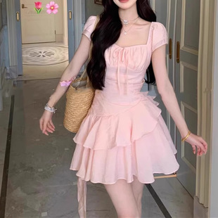 夏季设计感不规则裙子时尚高级小众设计感修身方领短袖荷叶边