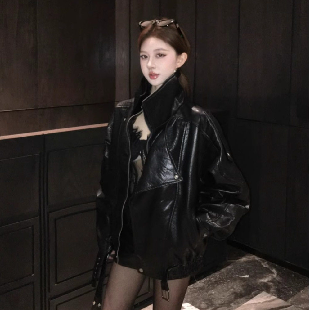 黑色复古机车翻领pu皮衣外套女酷飒风爆款2025春秋新款皮夹克上衣