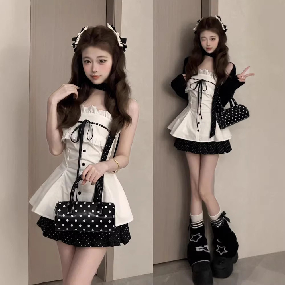 韩版小众套装黑色花边蝴蝶结吊带上衣甜美针织开衫波点短裙含飘带