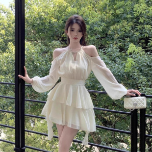 白色长袖连衣裙仙女夏季收腰雪纺短裙荷叶边蛋糕a字裙子复古风