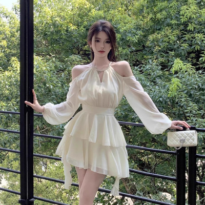 白色长袖连衣裙仙女夏季收腰雪纺短裙荷叶边蛋糕a字裙子复古风