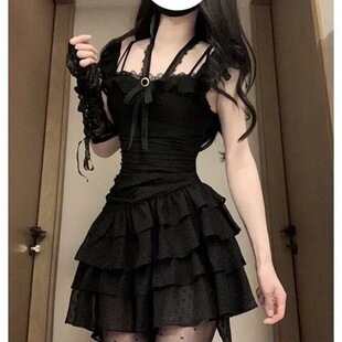 【原版质量】法式赫本风黑色吊带连衣裙女辣妹蕾丝不规则氛围感收