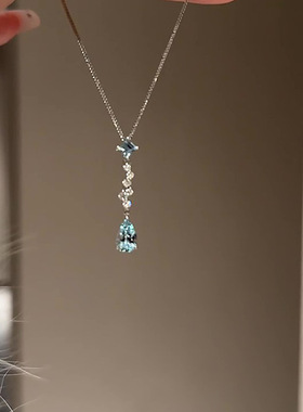 蓝色水滴流苏项链女清冷感精致时尚气质钛钢不掉色锁骨链饰品批发