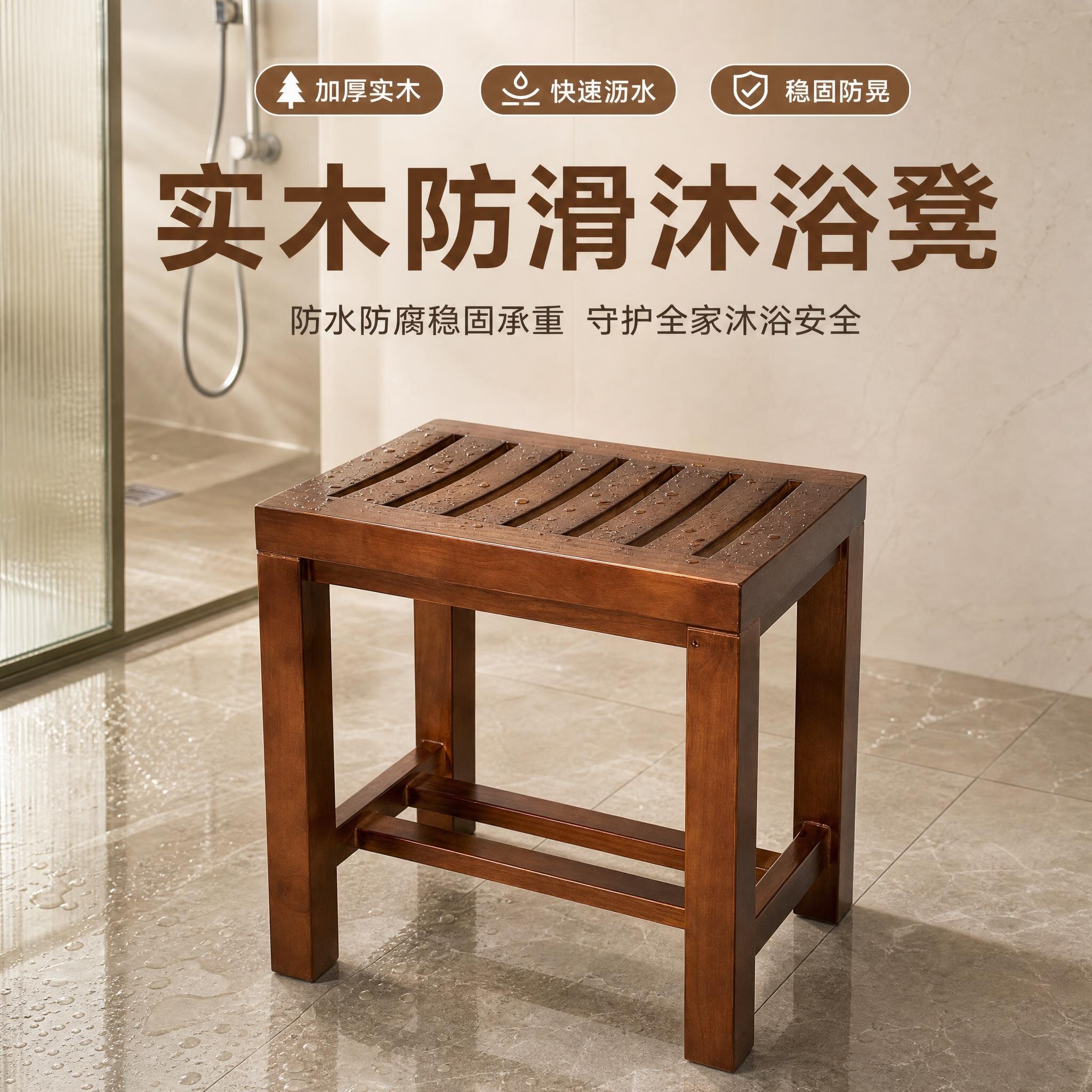实木浴室洗澡凳防滑淋浴凳加厚防水浴室换鞋凳家用稳固承重凳子